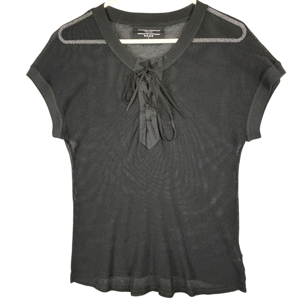 Majestic Filatures Black Mesh Lace Up Short Sleeve Deluxe Tee Shirt Size 2